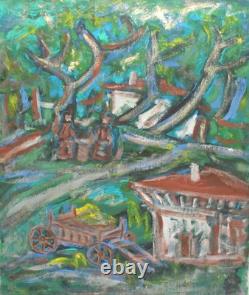 Tableau ancien huile expressionniste paysage d'un village forestier