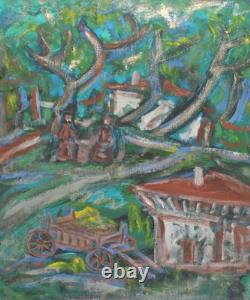 Tableau ancien huile expressionniste paysage d'un village forestier