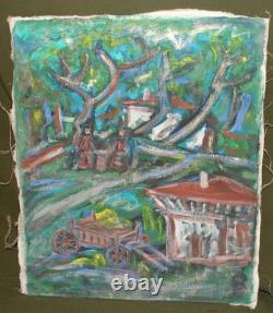 Tableau ancien huile expressionniste paysage d'un village forestier
