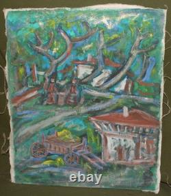 Tableau ancien huile expressionniste paysage d'un village forestier