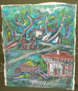 Tableau ancien huile expressionniste paysage d'un village forestier