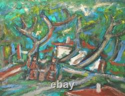 Tableau ancien huile expressionniste paysage d'un village forestier
