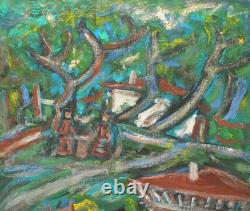 Tableau ancien huile expressionniste paysage d'un village forestier