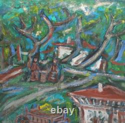 Tableau ancien huile expressionniste paysage d'un village forestier