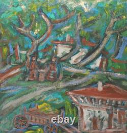 Tableau ancien huile expressionniste paysage d'un village forestier