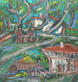 Tableau ancien huile expressionniste paysage d'un village forestier