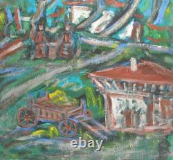 Tableau ancien huile expressionniste paysage d'un village forestier