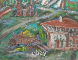 Tableau ancien huile expressionniste paysage d'un village forestier