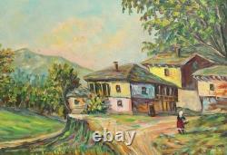 Tableau ancien huile expressionniste paysage village