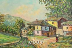 Tableau ancien huile expressionniste paysage village