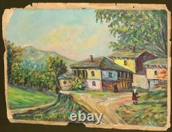 Tableau ancien huile expressionniste paysage village
