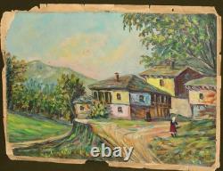 Tableau ancien huile expressionniste paysage village