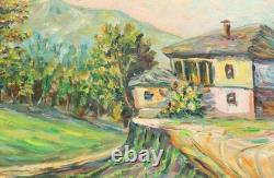 Tableau ancien huile expressionniste paysage village