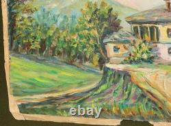 Tableau ancien huile expressionniste paysage village