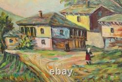 Tableau ancien huile expressionniste paysage village
