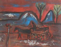 Tableau ancien huile expressionniste paysage voyageur