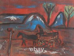 Tableau ancien huile expressionniste paysage voyageur