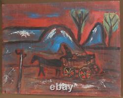 Tableau ancien huile expressionniste paysage voyageur