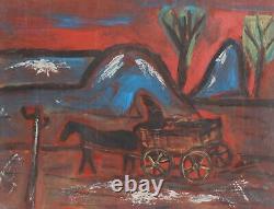 Tableau ancien huile expressionniste paysage voyageur