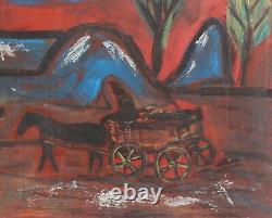 Tableau ancien huile expressionniste paysage voyageur