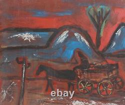 Tableau ancien huile expressionniste paysage voyageur