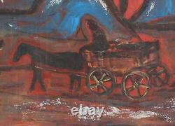 Tableau ancien huile expressionniste paysage voyageur