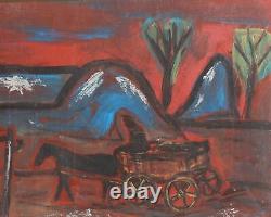 Tableau ancien huile expressionniste paysage voyageur