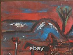 Tableau ancien huile expressionniste paysage voyageur