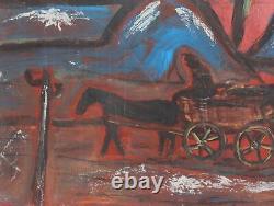 Tableau ancien huile expressionniste paysage voyageur