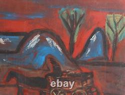 Tableau ancien huile expressionniste paysage voyageur