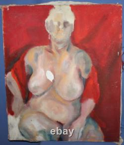 Tableau ancien huile expressionniste portrait femme nue