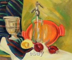 Tableau ancien huile fauve nature morte bouteille en verre et fruits