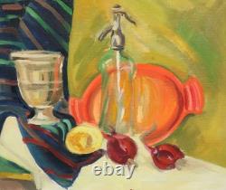 Tableau ancien huile fauve nature morte bouteille en verre et fruits