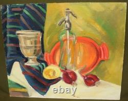 Tableau ancien huile fauve nature morte bouteille en verre et fruits