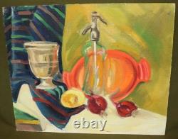 Tableau ancien huile fauve nature morte bouteille en verre et fruits