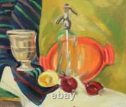 Tableau ancien huile fauve nature morte bouteille en verre et fruits