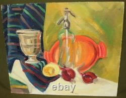 Tableau ancien huile fauve nature morte bouteille en verre et fruits