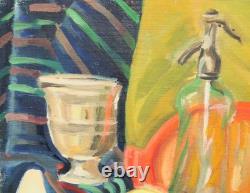 Tableau ancien huile fauve nature morte bouteille en verre et fruits