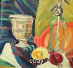 Tableau ancien huile fauve nature morte bouteille en verre et fruits