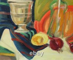 Tableau ancien huile fauve nature morte bouteille en verre et fruits