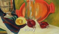 Tableau ancien huile fauve nature morte bouteille en verre et fruits