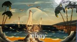 Tableau ancien huile fauviste bateaux paysage marin
