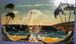 Tableau ancien huile fauviste bateaux paysage marin