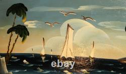 Tableau ancien huile fauviste bateaux paysage marin
