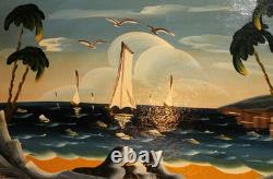 Tableau ancien huile fauviste bateaux paysage marin