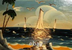 Tableau ancien huile fauviste bateaux paysage marin