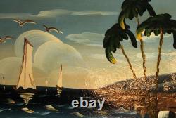Tableau ancien huile fauviste bateaux paysage marin