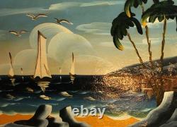Tableau ancien huile fauviste bateaux paysage marin