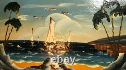 Tableau ancien huile fauviste bateaux paysage marin