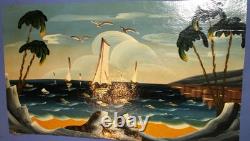 Tableau ancien huile fauviste bateaux paysage marin